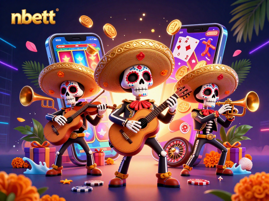 Engage with nbett's vibrant gaming experience featuring colorful slot games and lively mariachi characters.