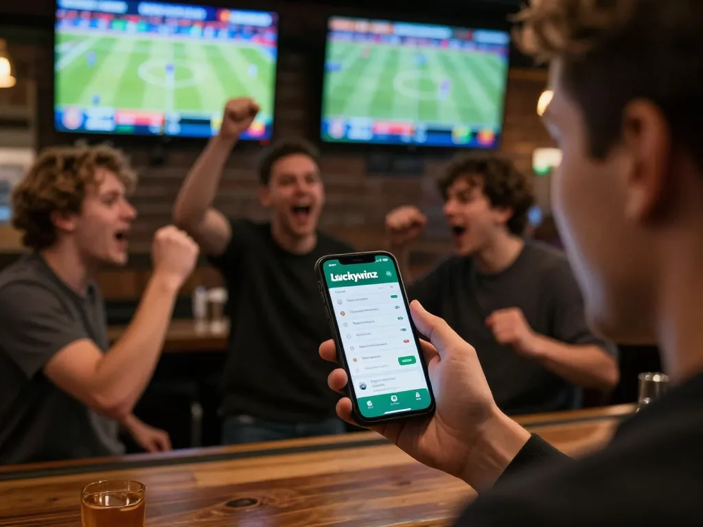 Engaged bettor using the luckywinz app to place a bet while friends celebrate in a lively sports bar