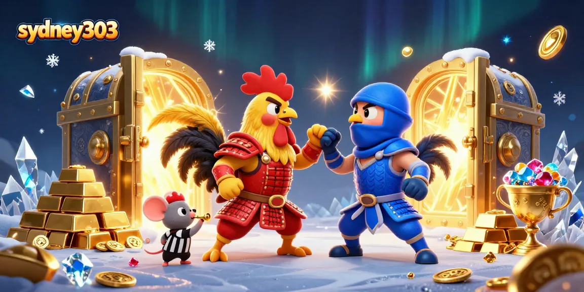 sydney303 bertarung dalam ilustrasi kasino 3D, menampilkan ayam jantan bertarung yang epik dan elemen kemenangan