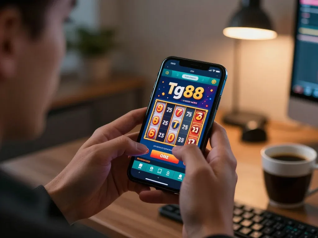 Engaging in online gaming with tg88 casino app showing vibrant slot reels and wins