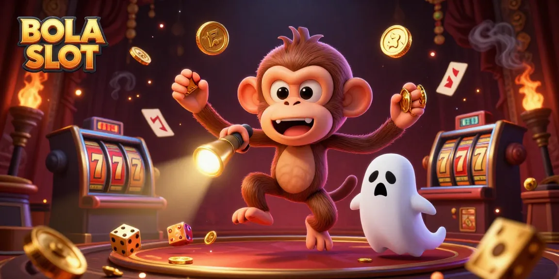 BOLA SLOT showcases an engaging ghostly monkey juggling golden coins in a haunted casino scene.