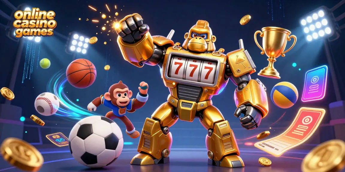 Engage with the thrilling world of online casino games through a dynamic illustration featuring a golden gorilla mech, slot elements, and vibrant sports atmosphere.