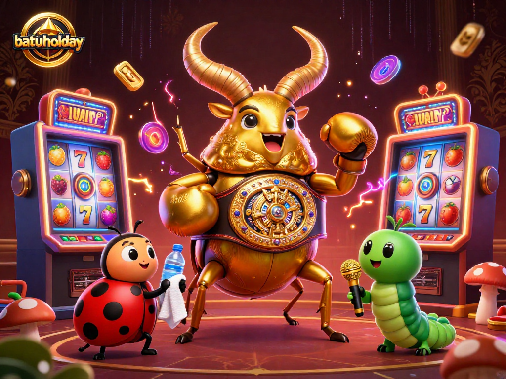 Engage in thrilling gameplay with batuholiday featuring a boxing stag beetle and vibrant slot machines.