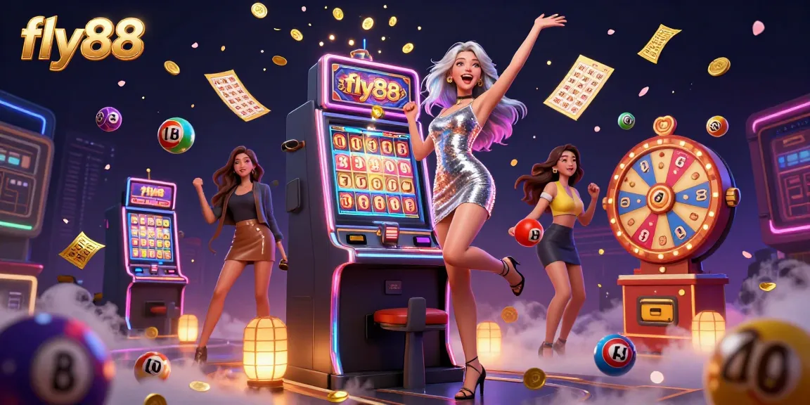 Experience the excitement at fly88 with vibrant casino elements surrounding our lucky player.