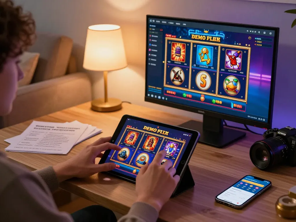 KEONG178 player enjoying demo slots on tablet, cozy home setup with betting notes and smartphone.