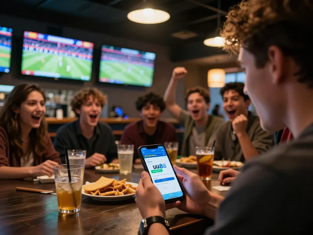 Engaged sports bettor analyzing uu88 link app during live event, vibrant bar atmosphere.