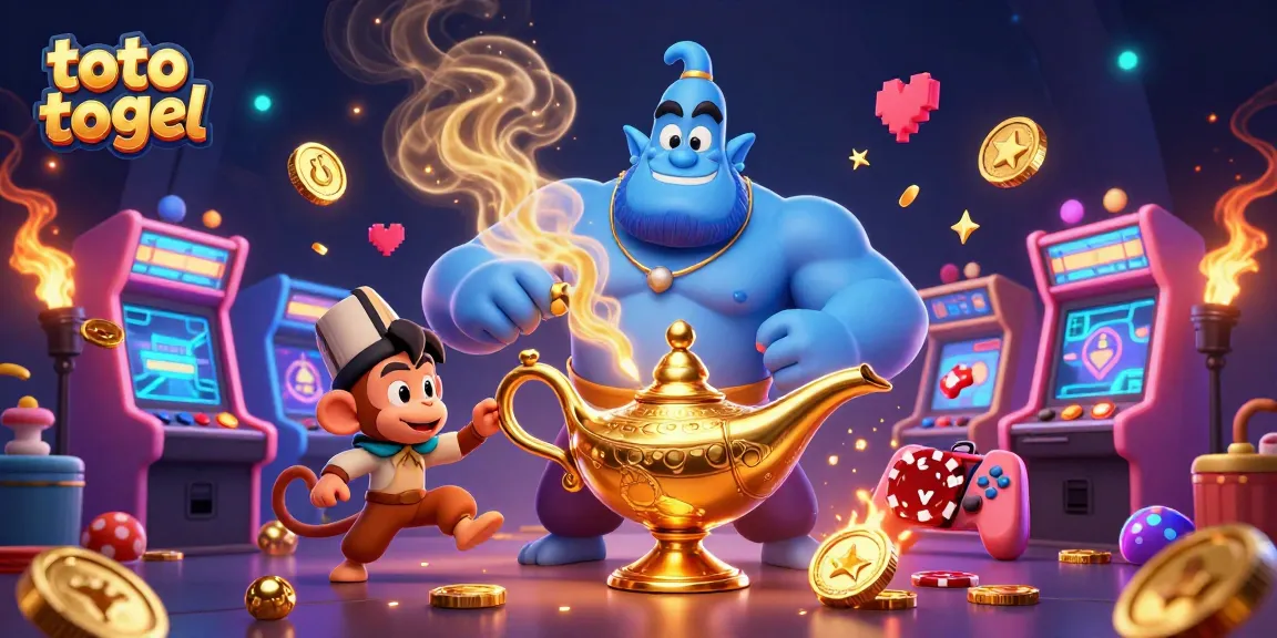 Experience thrilling toto togel action with a genie, monkey, and casino elements in vibrant 3D.