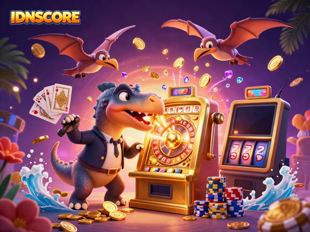 Experience the thrill of IDNSCORE as a pachycephalosaurus triggers a slot jackpot, with gold coins and sparkling gems.