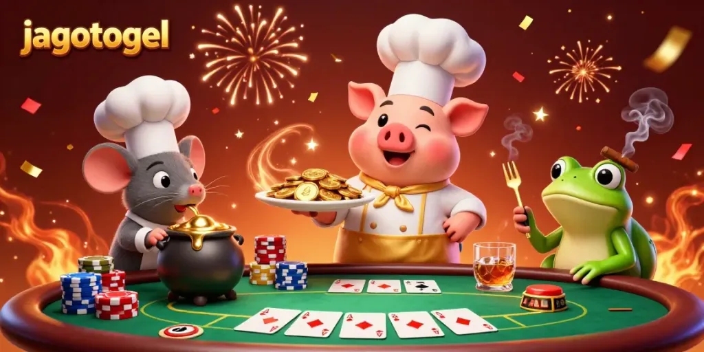 Gambarkan jagotogel dengan ilustrasi 3D detail tinggi di mana seekor babi chef menyajikan koin emas, dikelilingi elemen poker.