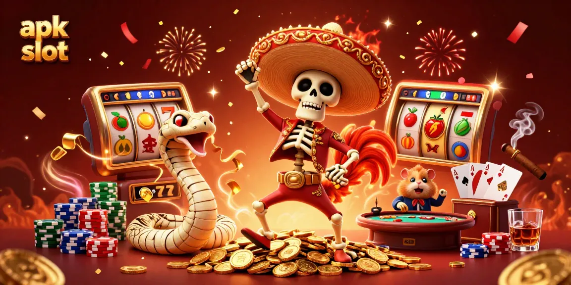 Experience excitement with apk slot, featuring vibrant casino characters and game elements in a festive atmosphere.