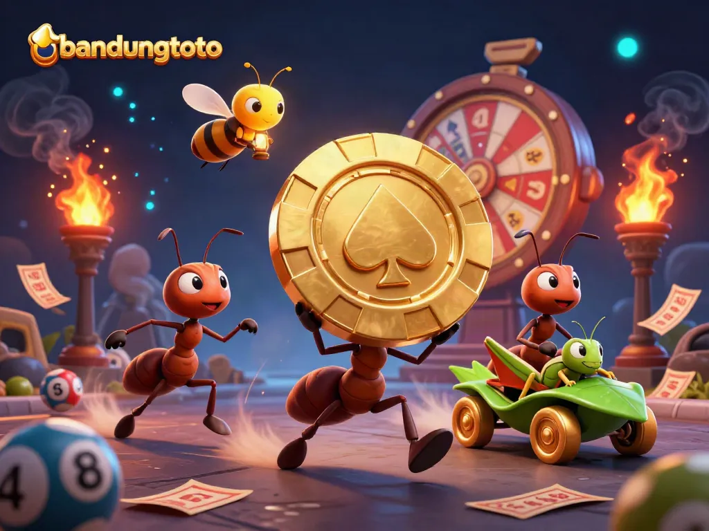 Bandungtoto ants heist scene with golden chip and dynamic lottery elements