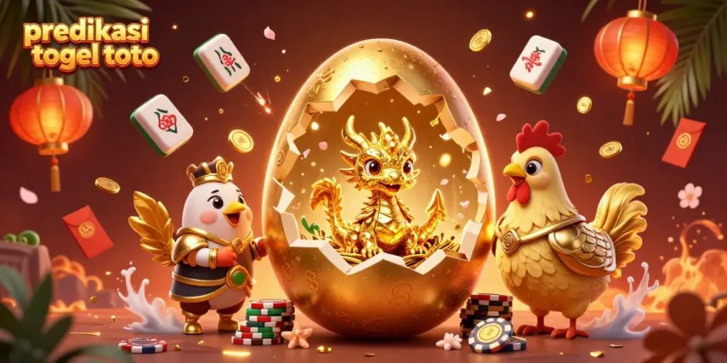 Menyimaikan prediksi togel toto dengan ilustrasi naga emas yang dijaga oleh ayam dalam latar belakang bertema kasino.