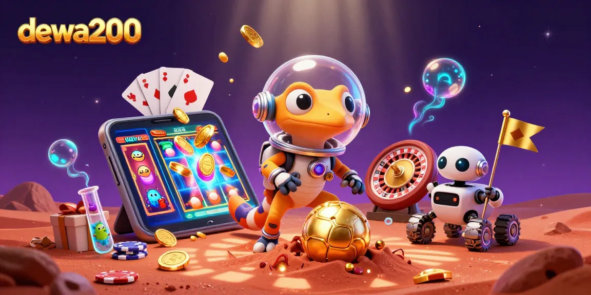 Permainan slot dewa200 menarik dengan gecko Mars dan robot mengeksplorasi kasino emas.