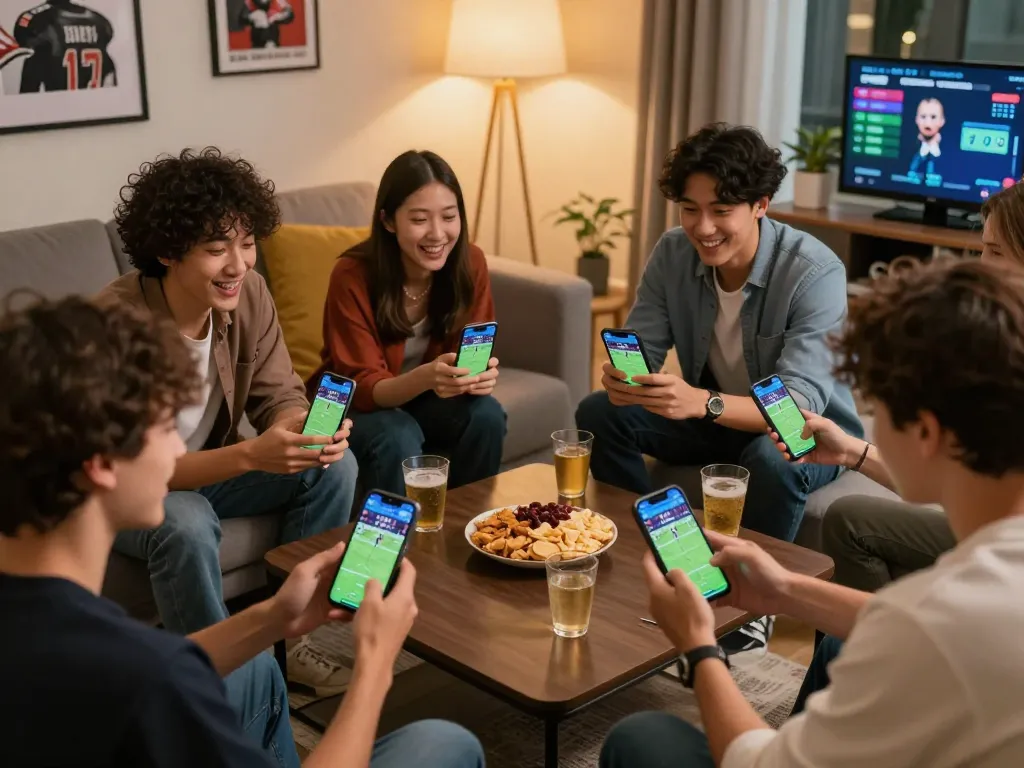 Friends placing bets on KADAL 778 app during an exciting sports game in a cozy living room.