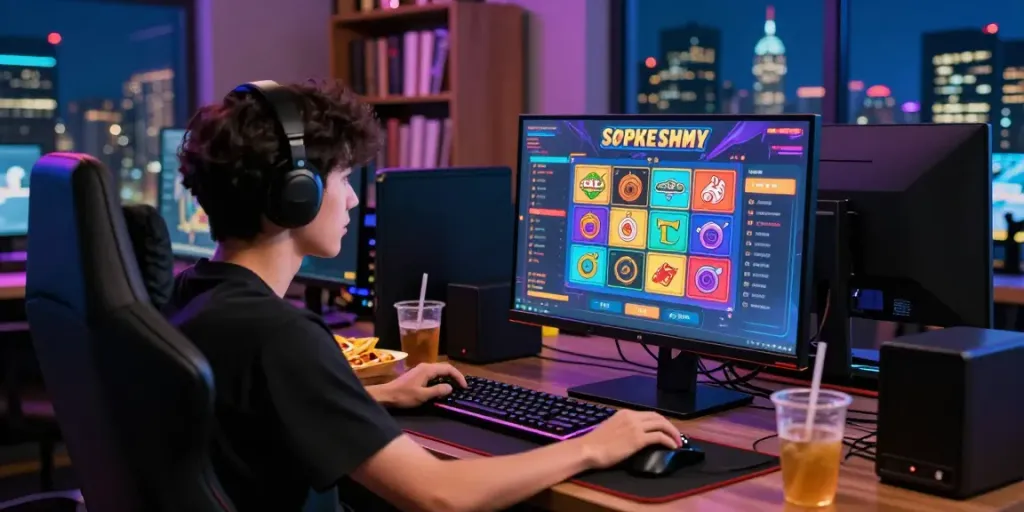 Penggemar afk toto sedang bermain lotere online dengan fokus tinggi di meja gaming modern.