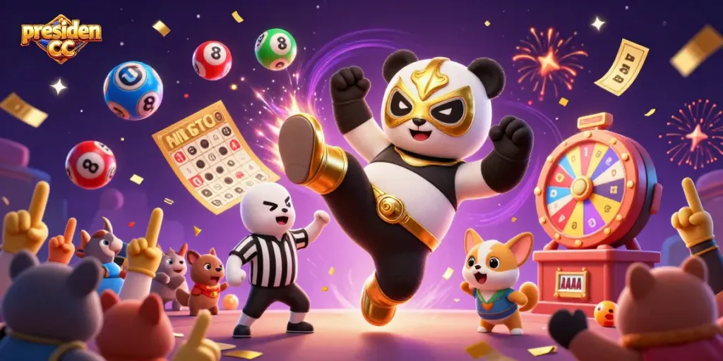 Experience vibrant action with presiden cc featuring a wrestler panda and crowd in a casino-themed illustration.