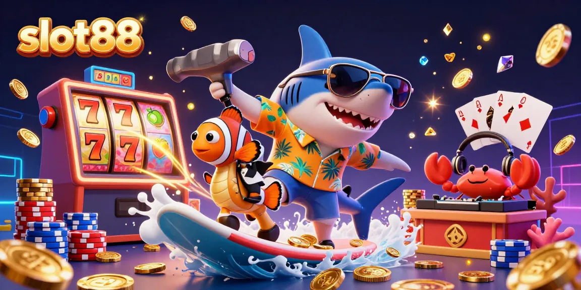 Spin the reels on slot88 as colorful characters celebrate with gold coins and poker chips.