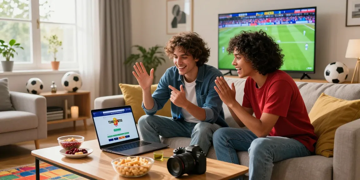 Friends enjoying a sports betting session on TEMPOTOTO daftar in a cozy living room.