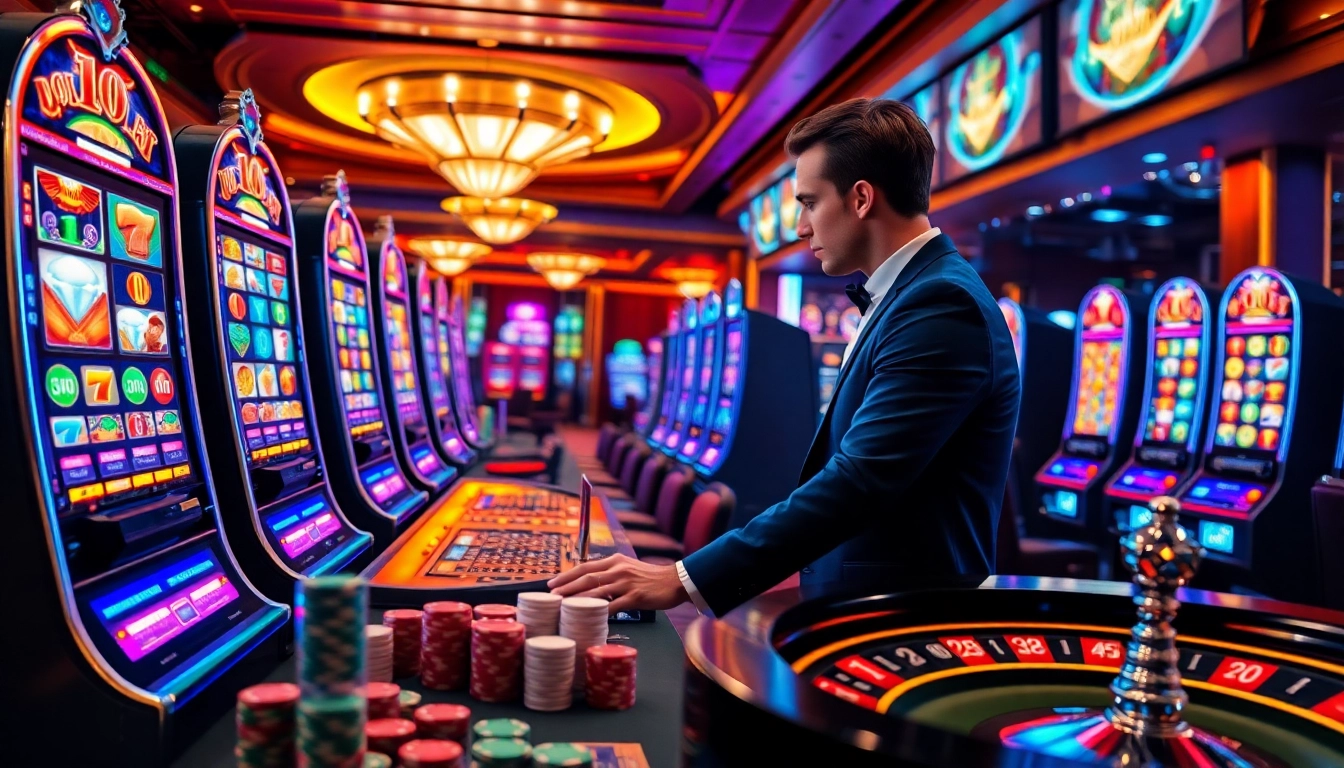 Playing slot depo 25 bonus 26 with vibrant graphics in an upscale casino atmosphere.