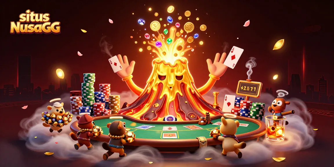 Situs NusaGG showcases thrilling poker action with a golden volcano erupting treasure.