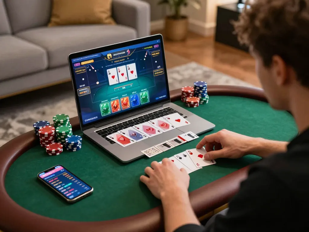 Engaging in GAME ONLINE poker from the comfort of home with vibrant game interface.