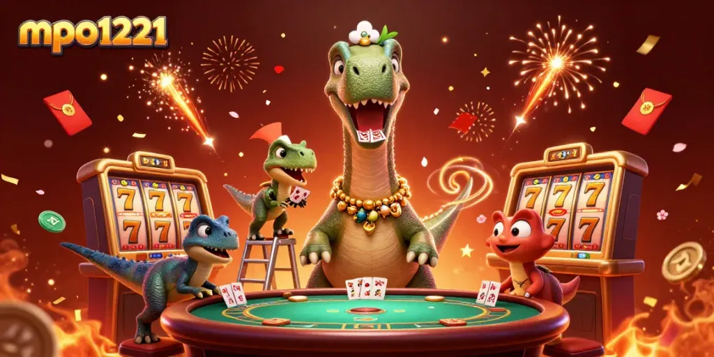 Perjuangan mpo1221 dengan brontosaurus raksasa di kasino yang meriah penuh slot dan koin.