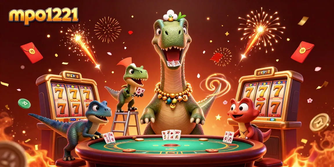 Perjuangan mpo1221 dengan brontosaurus raksasa di kasino yang meriah penuh slot dan koin.