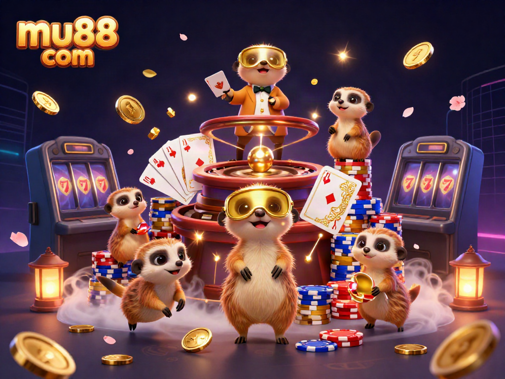 Experience the thrill of mu88 com with meerkats running a vibrant casino, colorful chips, and dynamic games.