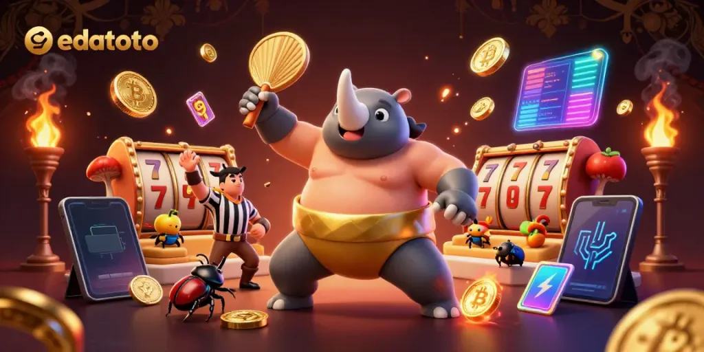 Garis paling menonjol dari edatoto dengan juara sumo badak mengambil langkah berani di tengah koin emas yang beterbangan.