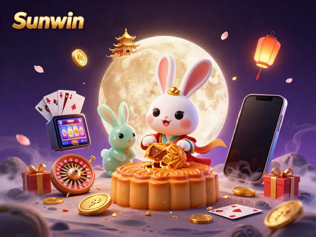 Experience Sunwin's thrilling games with the moon rabbit, golden coins, and vibrant casino elements.