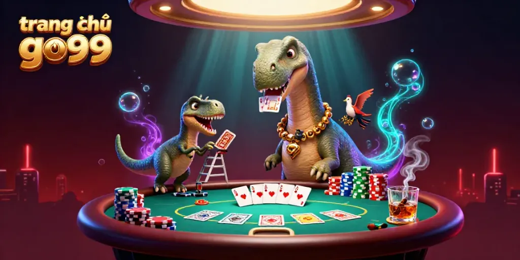 Experience excitement at trang chủ go99 with a playful dinosaur in a vibrant casino scene.