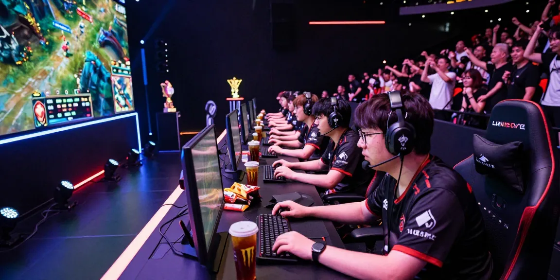 Tim esports ligagalaxy berkompetisi di arena modern, dengan sorotan lampu LED dan suasana penuh semangat.