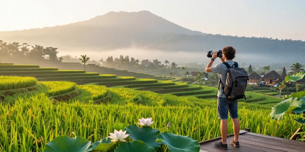 Pemandangan natunatoto dengan sawah hijau dan pegunungan saat matahari terbit, memberikan pengalaman perjalanan yang tenang.