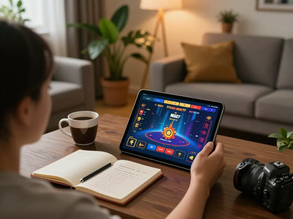 Nego77 user engaging with live online casino games on tablet in a cozy room