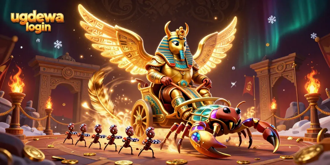 Engage with the thrilling ugdewa login scene featuring a colossal scarab beetle and scorpions in a rich casino atmosphere.