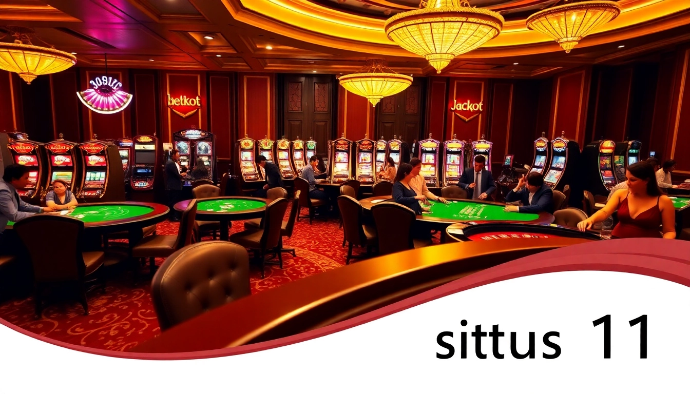 Players enjoying various games at a casino highlighting situs 11 excitement with vibrant slot machines.