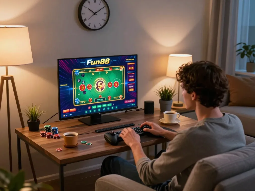 Player engaging with the Fun88 app for an immersive online gaming experience from home.