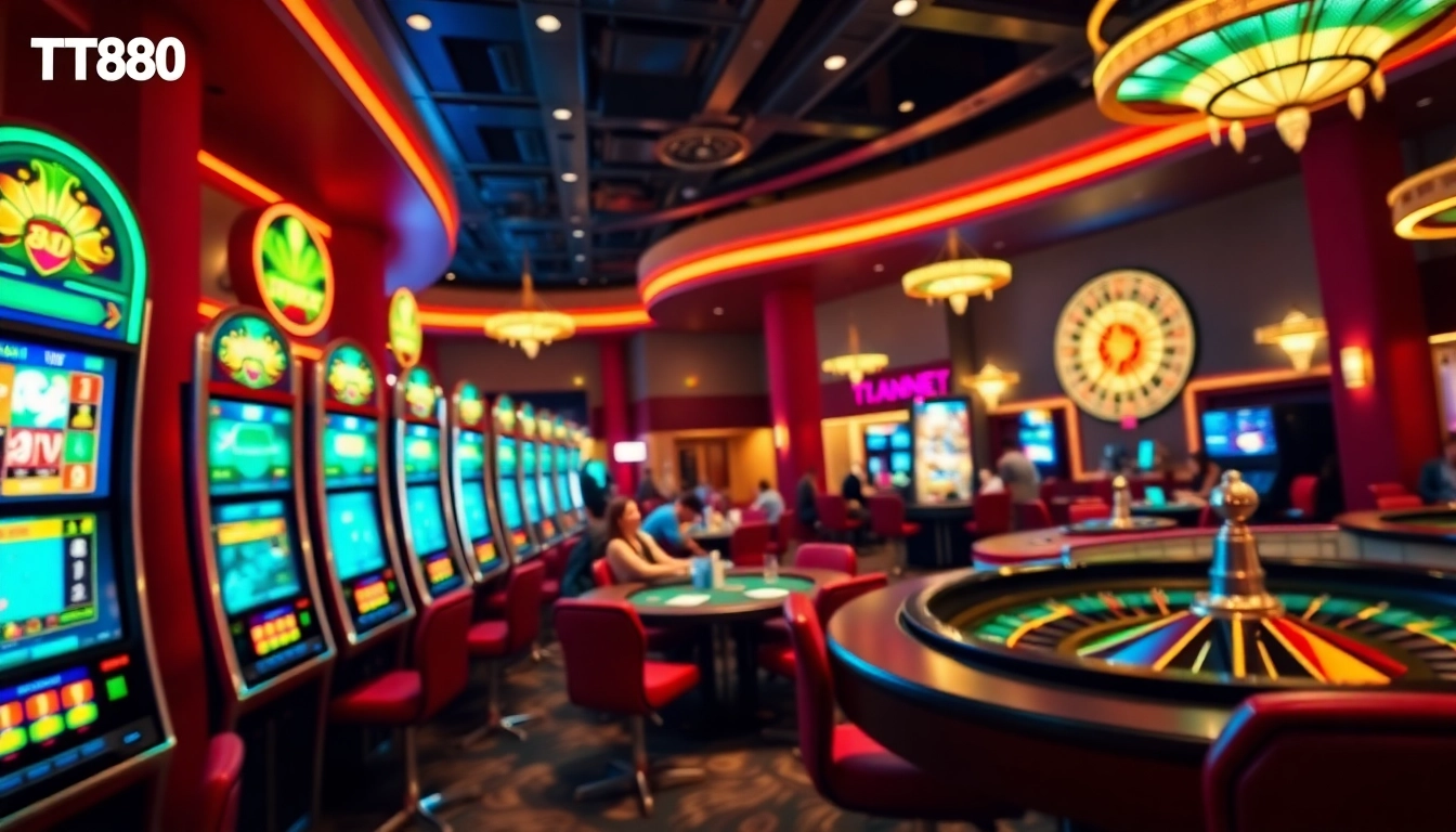 Experience excitement at the trang chủ tt88 online casino, featuring vibrant slot machines and poker tables.