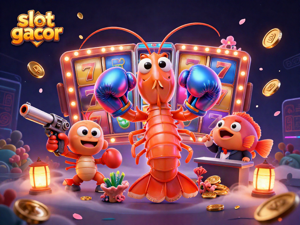 Slot gacor menampilkan aksi menarik dengan karakter udang mantis dan udang pistol dalam suasana kasino.