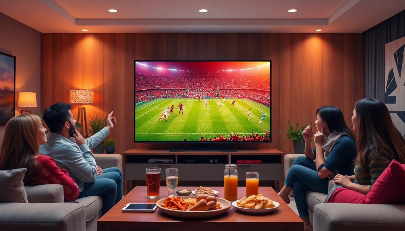 Fans enjoying a live football match on luongsontv in a vibrant living room setting.