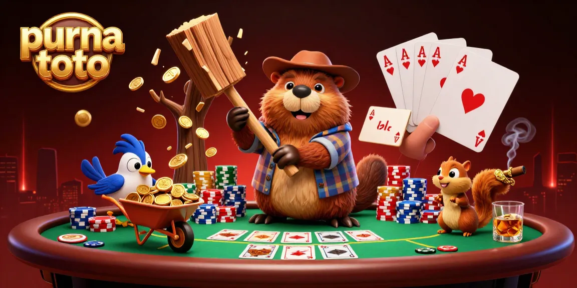 Permainan purna toto dengan karakter beaver pemotong pohon yang menghasilkan koin emas.