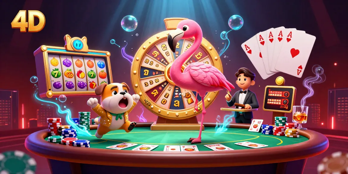 Spin the 4D slot wheel with a flamingo host amidst vibrant casino fun and excitement.