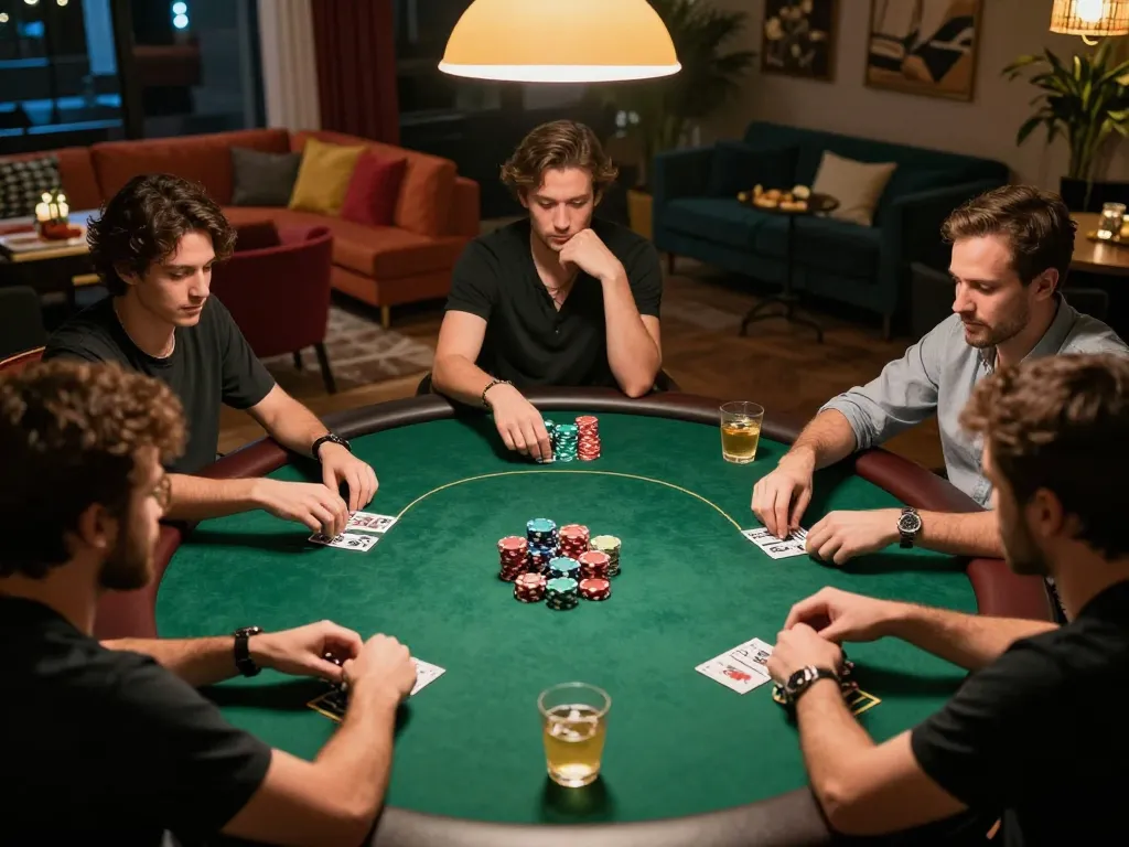 Players engaging in an intense poker match at home, enhancing their gambling strategies with janadenole.
