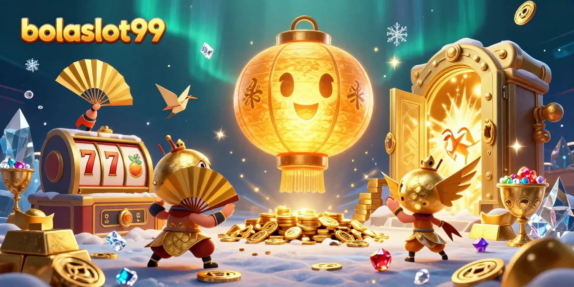 Play slots at bolaslot99 with golden treasures and lucky symbols in vibrant 3D illustration.