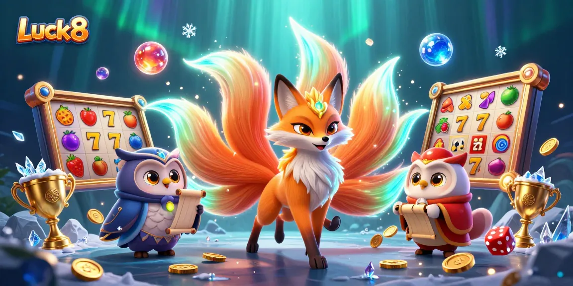 Experience thrilling Luck8 casino action with a vibrant nine-tailed fox, wise owl sage, and colorful gaming elements.