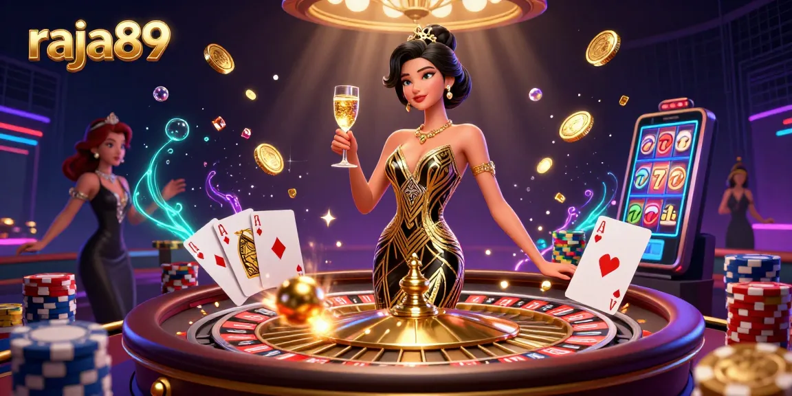 Engage thrillingly with raja89 in a vibrant casino scene featuring a glamorous woman, roulette, and sparkling winnings.