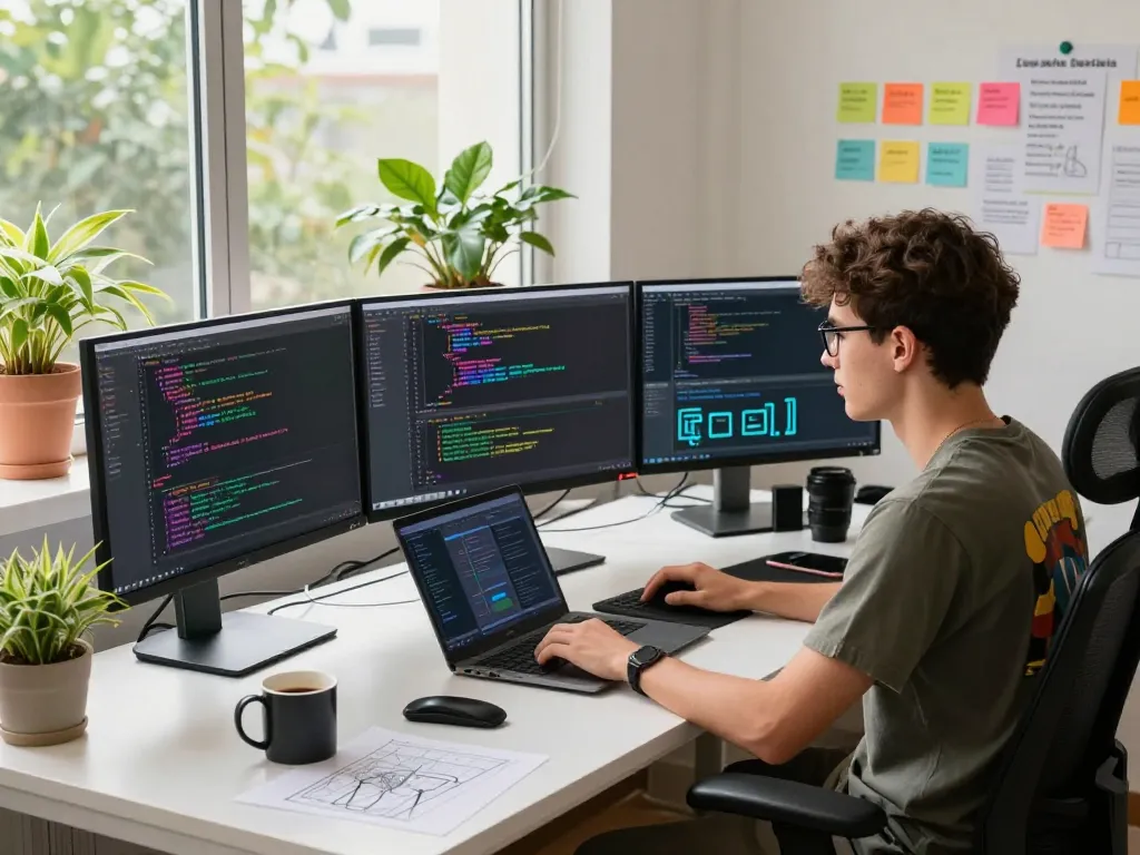 Young developer coding on multiple monitors in a modern office showcasing crush ai tools and vibrant workspace.