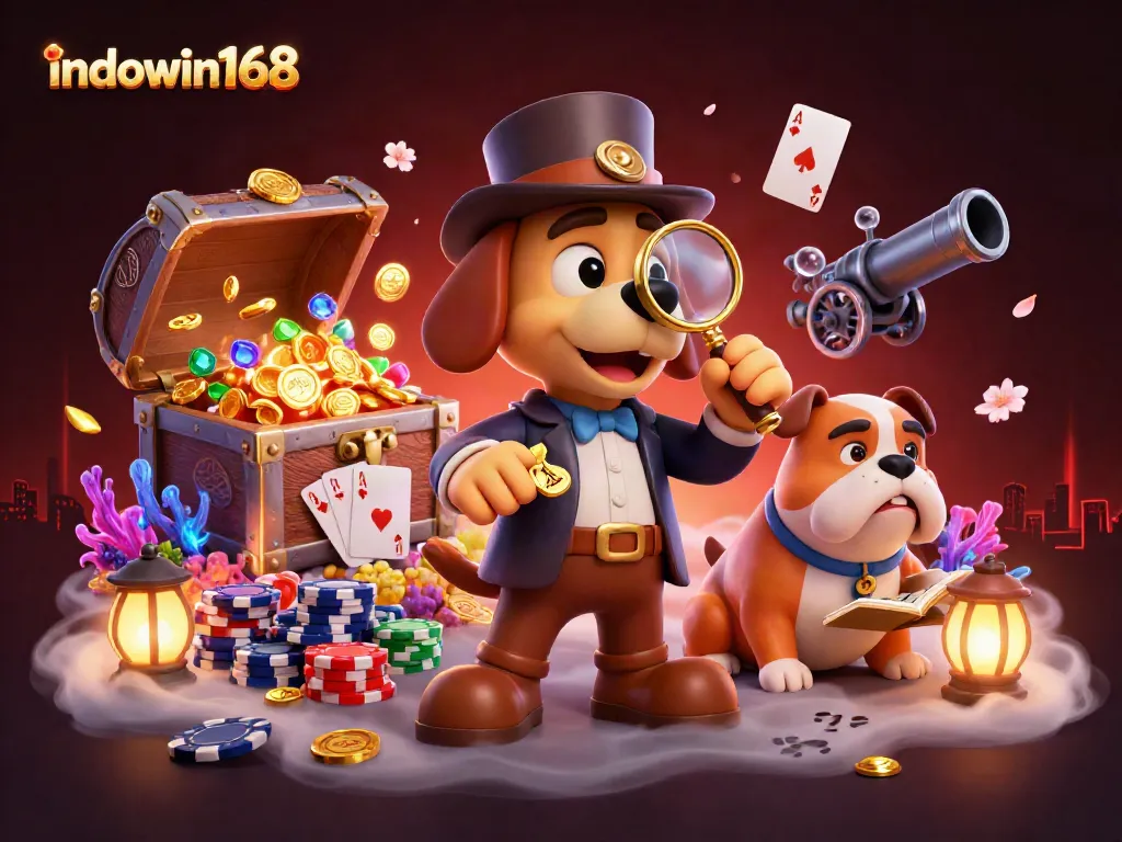 Play exciting poker and explore treasures with indowin168 in this vibrant casino-themed scene.