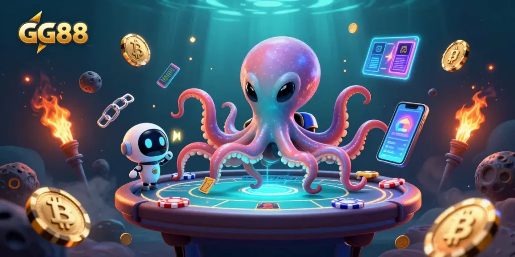 Experience GG88 gaming with a vibrant alien octopus and holographic poker in an exciting cosmic casino.