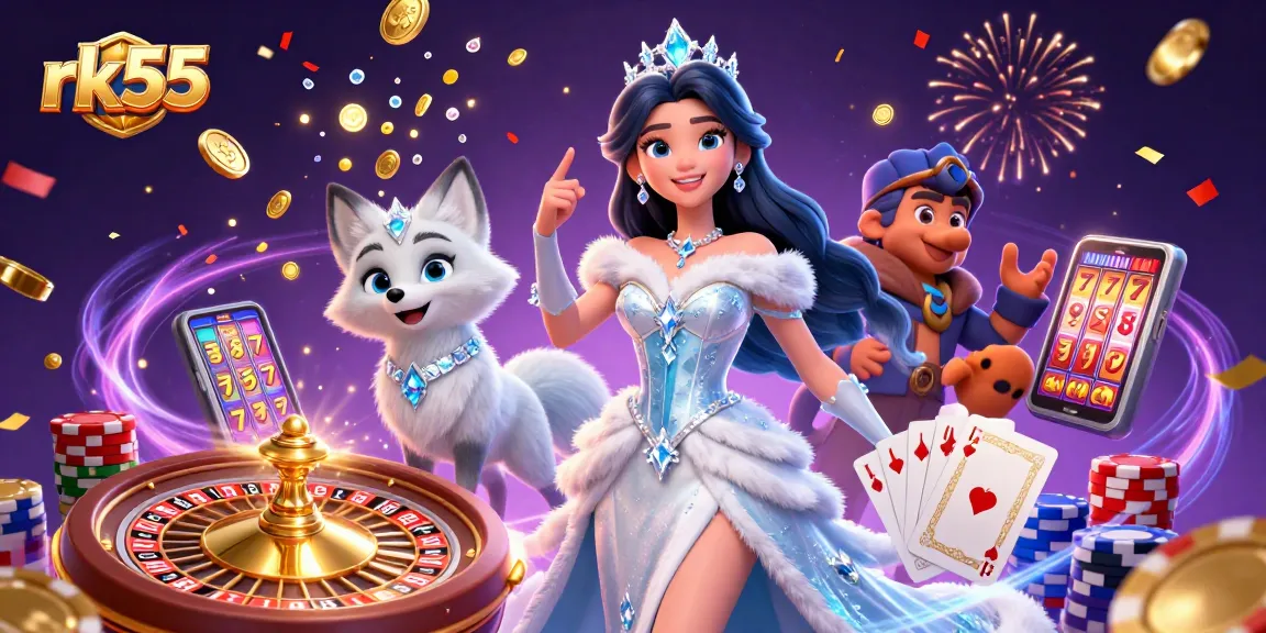 Spin the reels and win at rk55 casino with an enchanting ice queen and her companion amidst golden treasures.